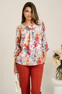 Bluza alba din viscoza lejera cu flori colorate si pliu, 1, dyfashion.ro
