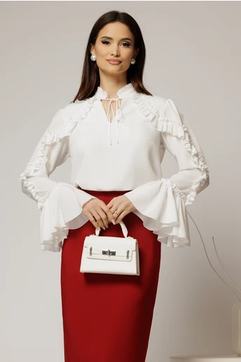 Bluza alba eleganta din voal plin cu volanase pe maneci si snur la decolteu