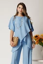 Bluza albastra din viscoza cu croi lejer si aspect petrecut asimetric, 1, dyfashion.ro