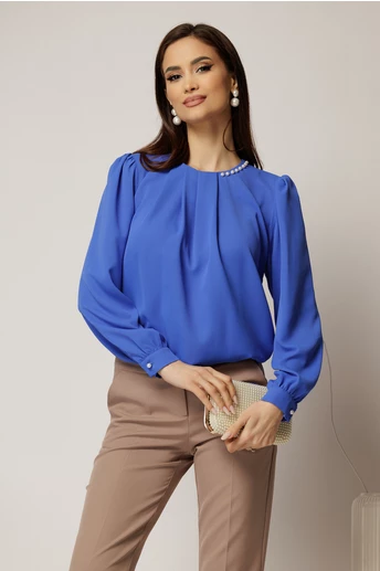 Bluza albastra din voal plin cu perle la decolteu si pliuri