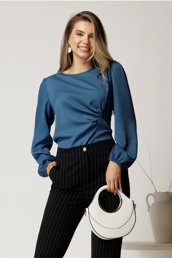 Bluza albastru petrol din crep cu fronseu in talie