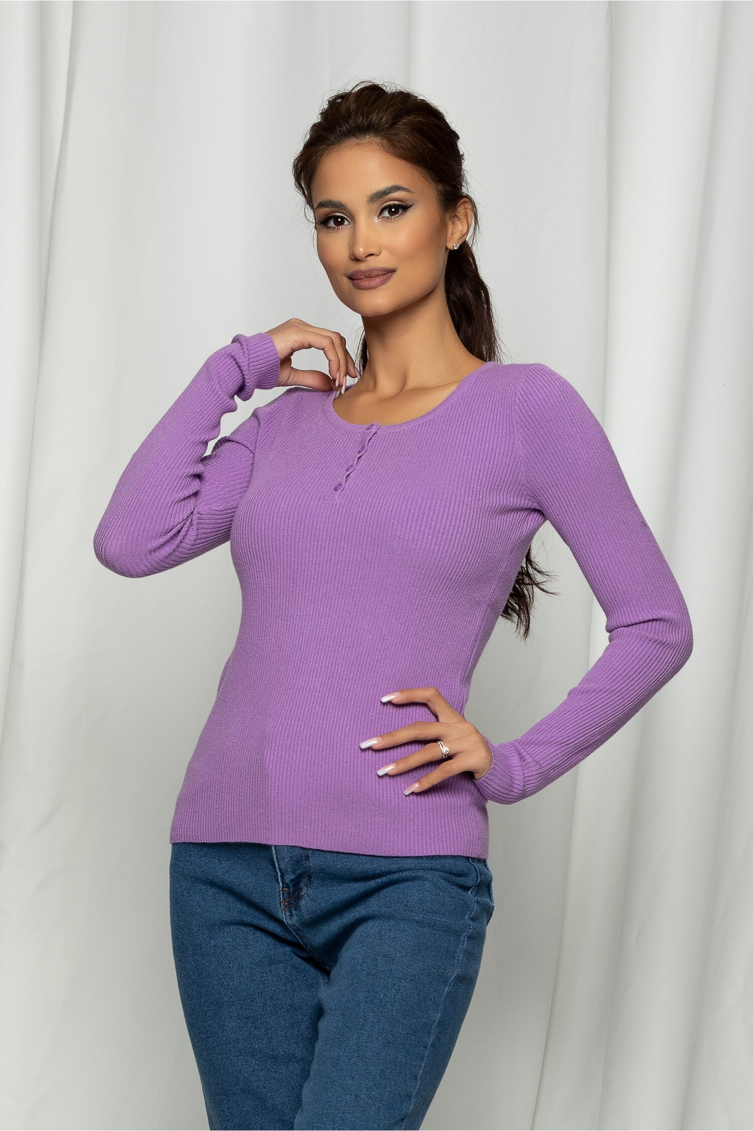 Bluza alexa lila din tricot cu nasturi la decolteu