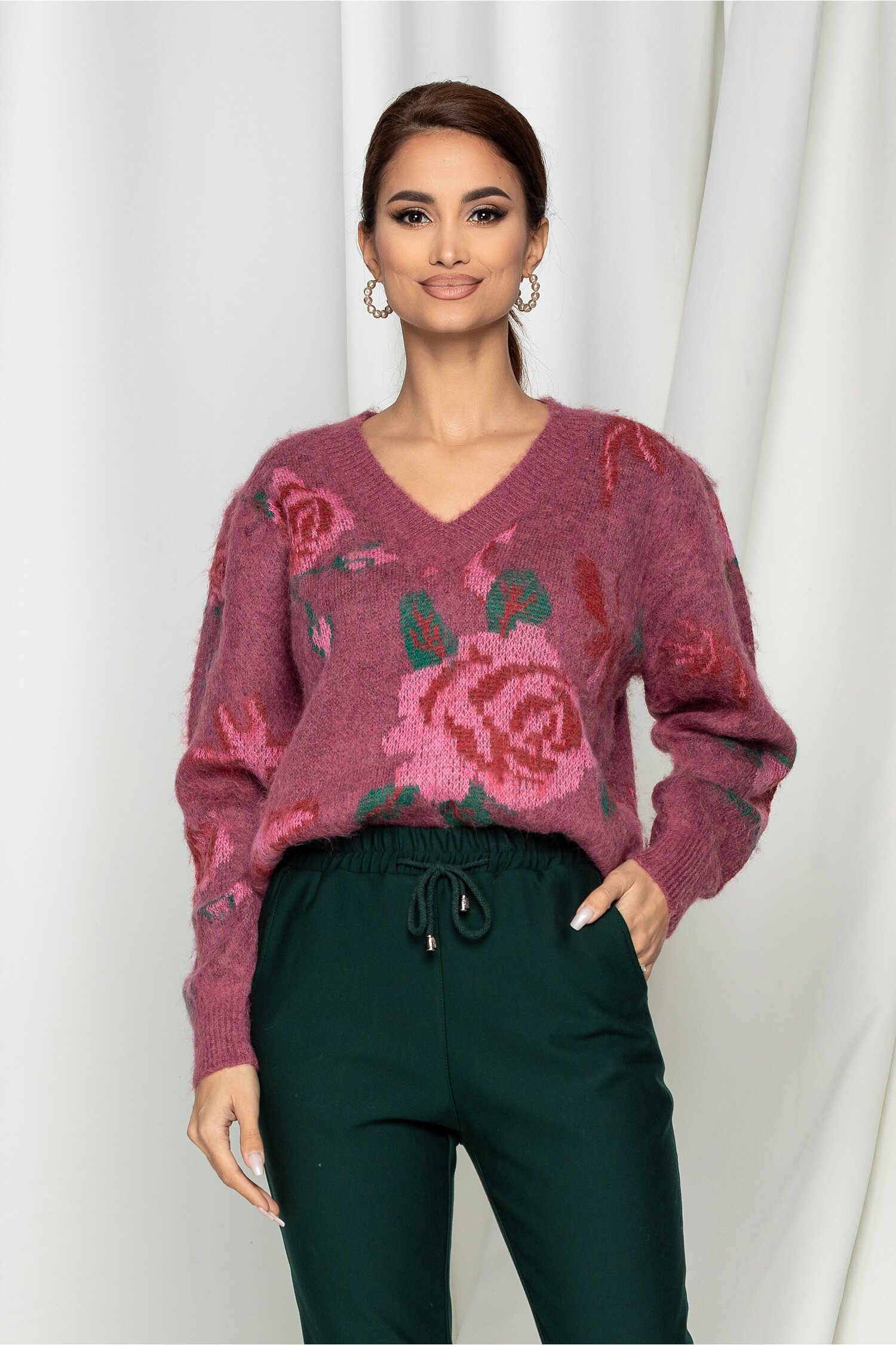 Bluza amina roz cu imprimeu floral