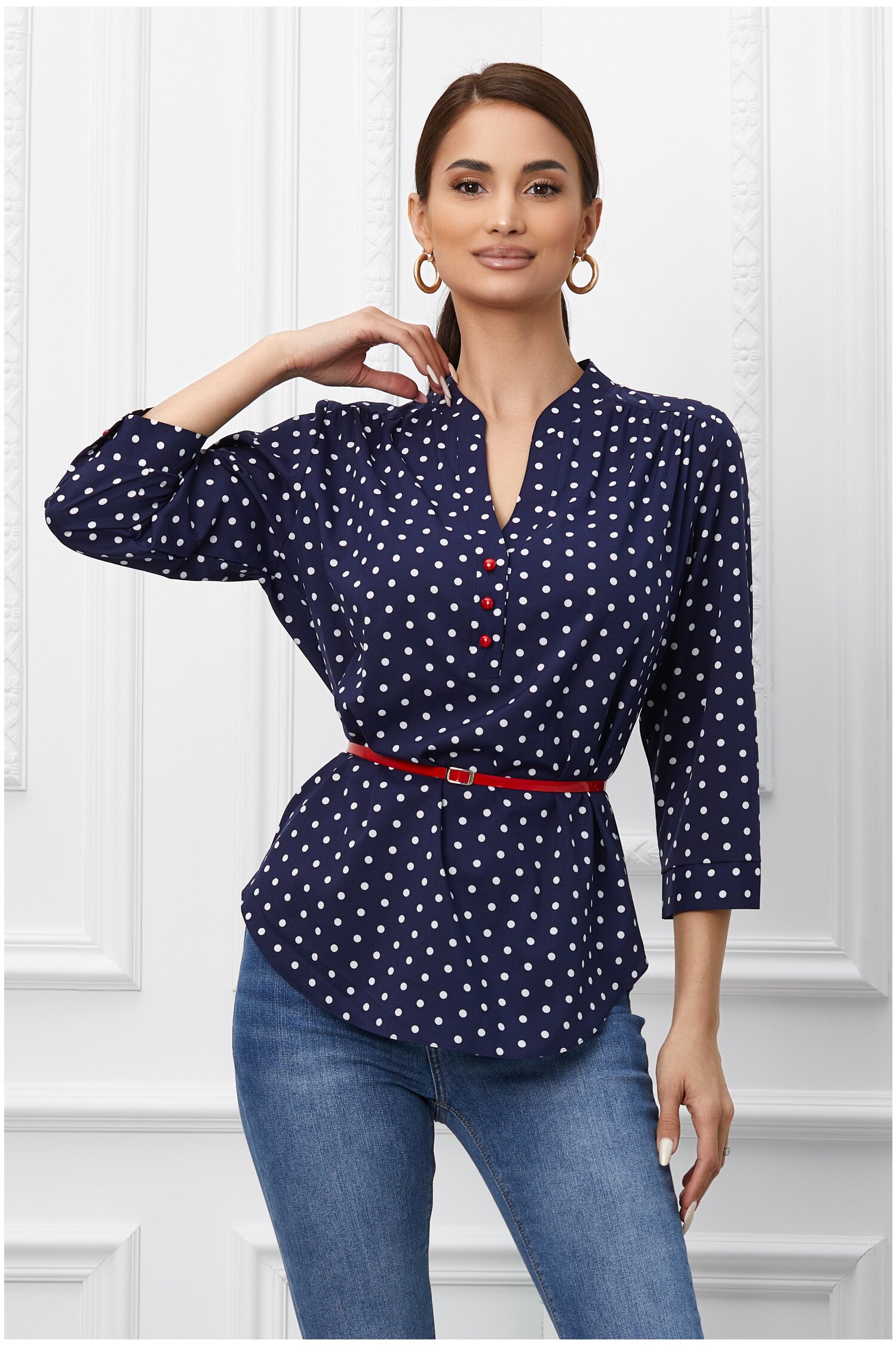 Bluza aniela bleumarin cu imprimeu buline albe