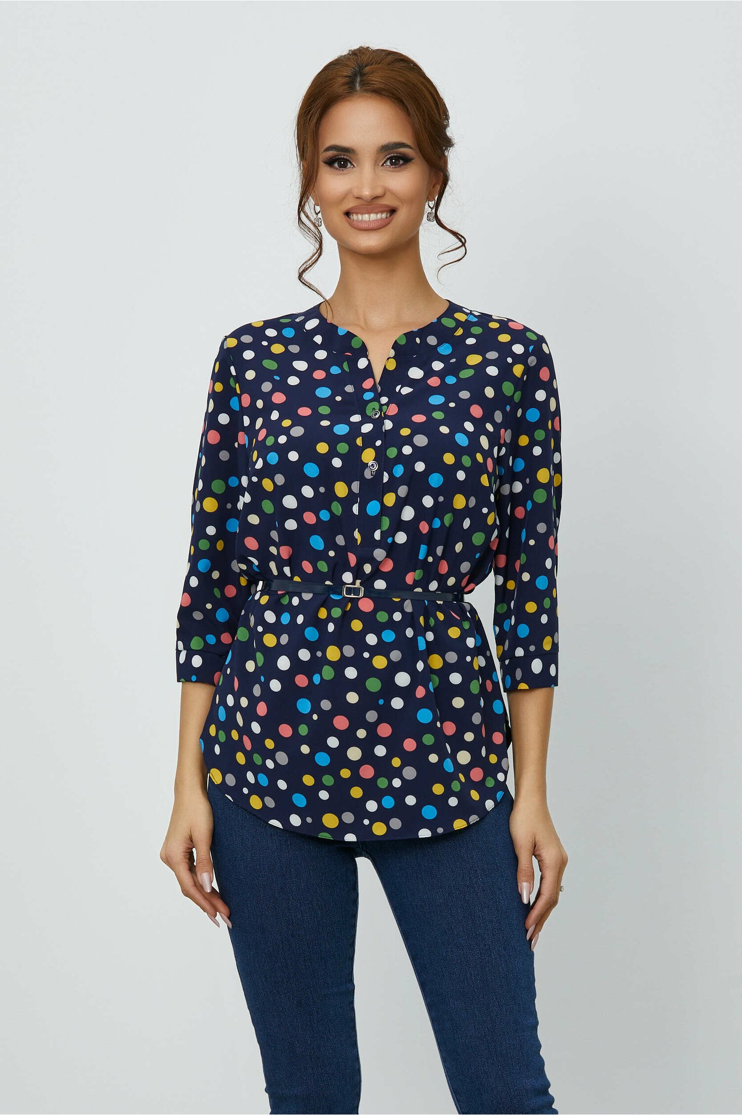 Bluza aniela bleumarin cu imprimeu buline colorate