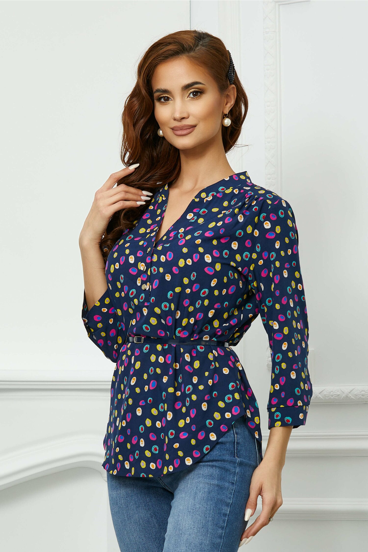 Bluza aniela bleumarin cu imprimeuri colorate