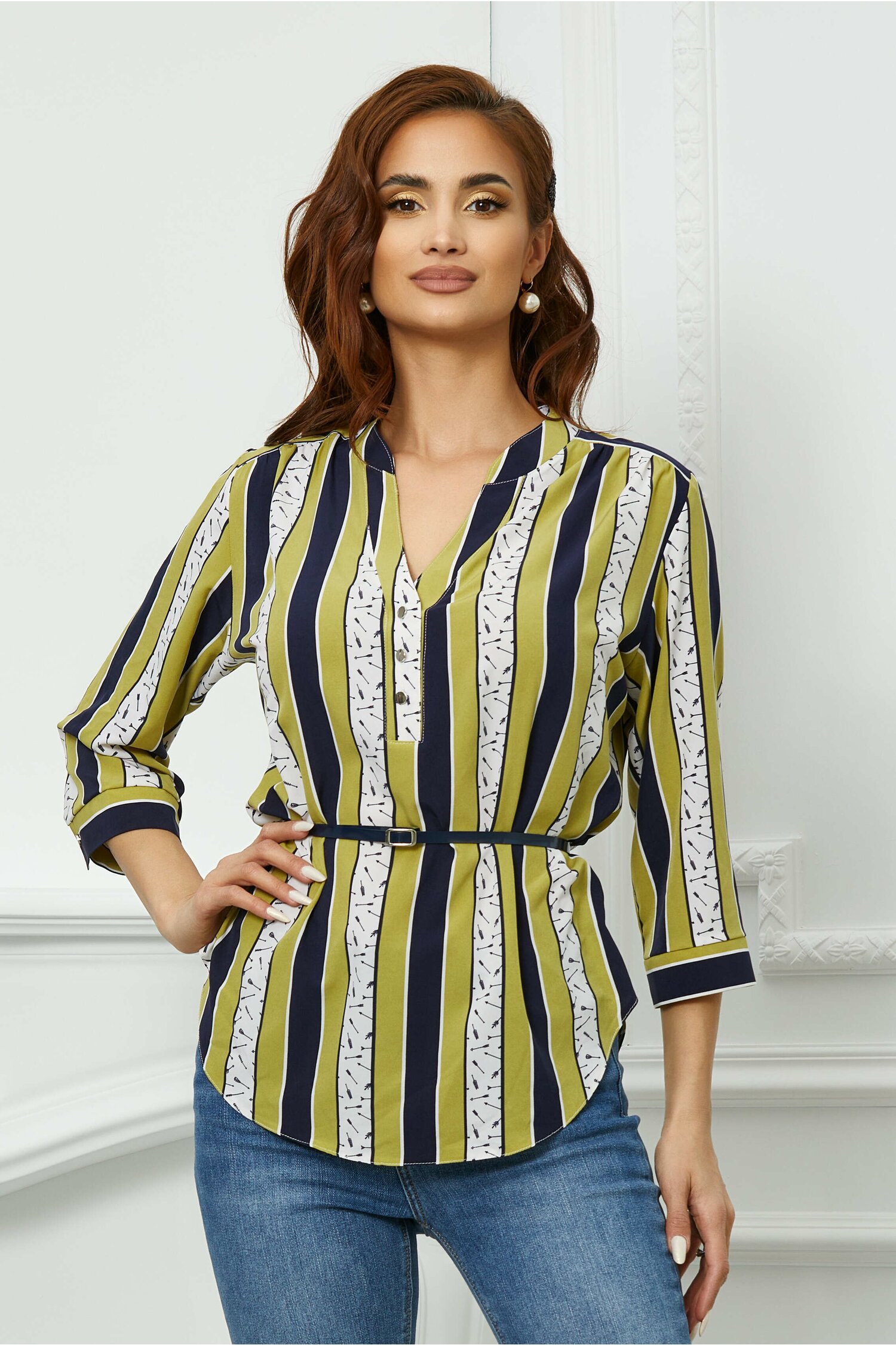 Bluza aniela cu dungi olive-bleumarin
