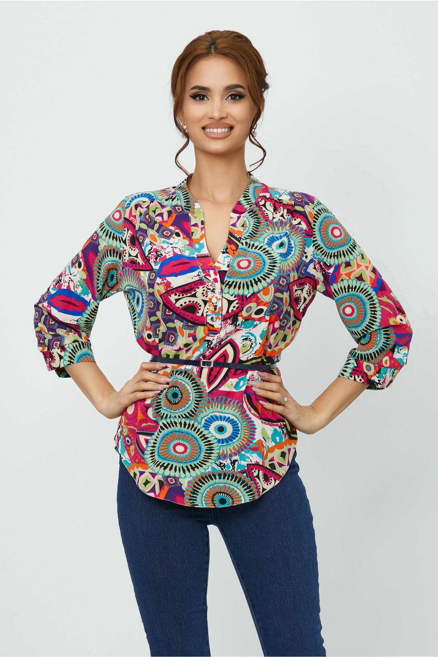 Bluza Aniela cu imprimeu multicolor si curea in talie dyfashion.ro imagine 2022 13clothing.ro