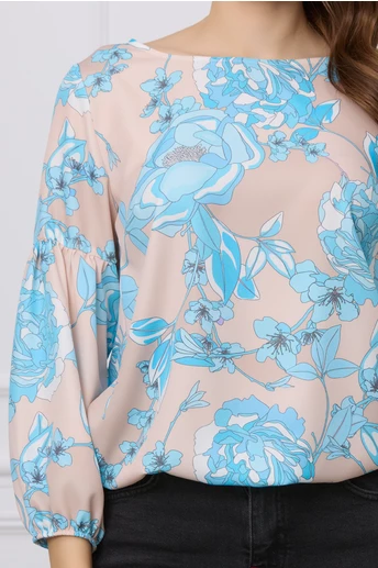 Bluza Aria bej cu imprimeuri florale bleu