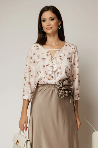 Bluza bej cu imprimeu floral maro si accente stralucitoare discrete
