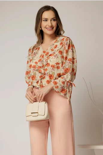Bluza bej cu imprimeuri florale caramizii si volanas la decolteu