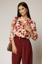 Bluza bej cu imprimeuri tomnatice si funda la decolteu, 1, dyfashion.ro