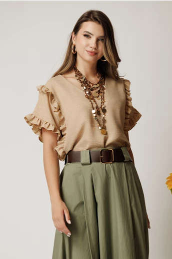 Bluza bej din rayon cu croi drept si volane la maneci