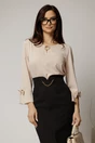 Bluza bej din voal cu funde la maneci si brosa la decolteu, 1, dyfashion.ro
