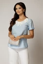 Bluza bleu cu buline din rayon si broderie la decolteu, 1, dyfashion.ro