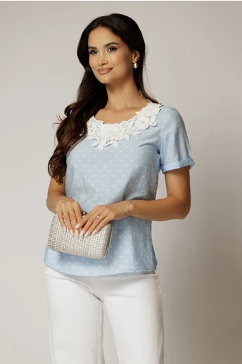 Bluza bleu cu buline din rayon si broderie la decolteu