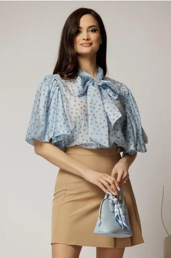 Bluza bleu cu buline din tencel cu maneci bufante si guler funda