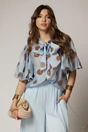 Bluza bleu cu buline mari din tencel cu maneci bufante si guler funda, 1, dyfashion.ro