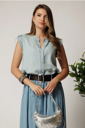 Bluza bleu din denim cu nasturi si nod la baza