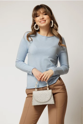 Bluza bleu din tricot cu fir lurex si decolteu rotund