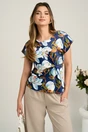 Bluza bleumarin din satin cu imprimeu floral si nod in talie, 1, dyfashion.ro