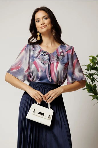 Bluza bleumarin din viscoza cu imprimeu magenta si maneci din voal