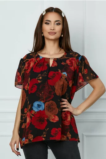 Bluza Bonie neagra cu imprimeu floral rosu-maro
