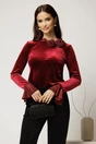 Bluza bordo din catifea cu detaliu floral si guler incretit, 1, dyfashion.ro