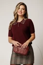Bluza bordo din tricot cu maneci scurte si strasuri pe guler, 1, dyfashion.ro