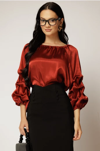 Bluza caramizie din satin cu maneci bufante si decolteu rotund