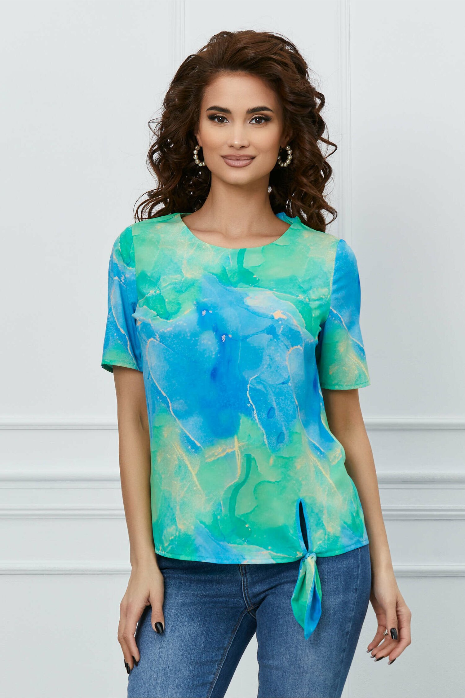 Bluza Carla verde si bleu cu imprimeu watercolor