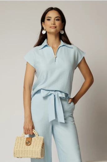 Bluza casual bleu din rayon cu croi lejer si decolteu