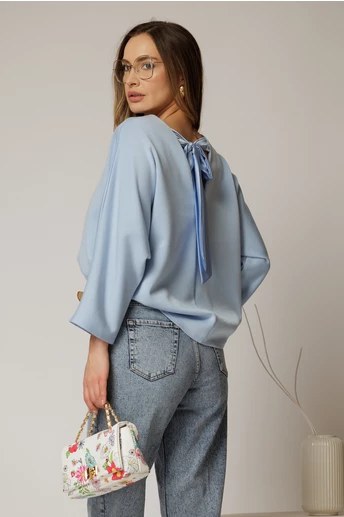 Bluza casual din jerse bleu cu funda la spate