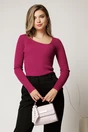 Bluza casual din tricot reiat magenta cu decolteu in colt, 1, dyfashion.ro