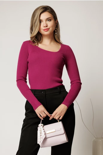 Bluza casual din tricot reiat magenta cu decolteu in colt
