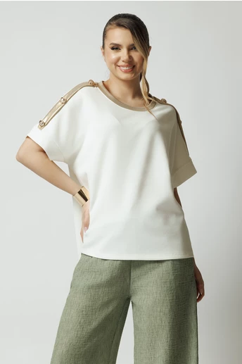Bluza casual din viscoza alba cu benzi aurii si nasturi pe maneci