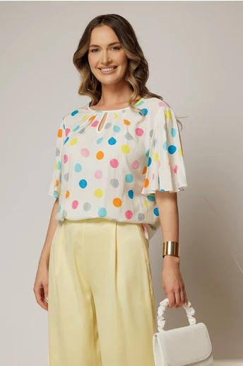 Bluza casual din viscoza alba cu buline colorate si croi lejer