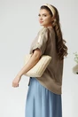 Bluza casual din viscoza bej cu benzi aurii si nasturi pe maneci