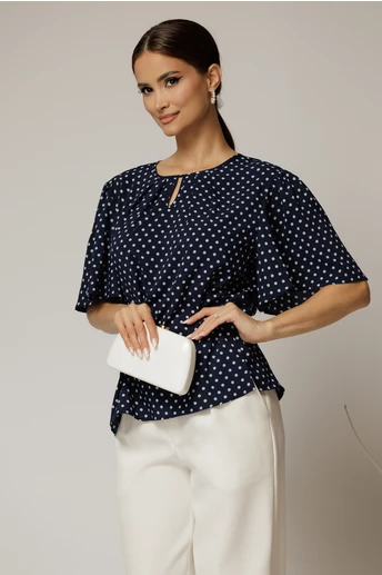 Bluza casual din viscoza bleumarin cu buline si croi lejer