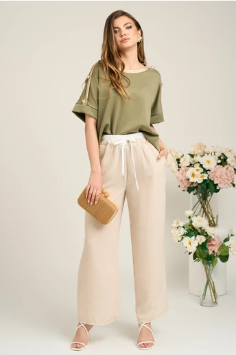 Bluza casual din viscoza kaki cu benzi aurii si nasturi pe maneci