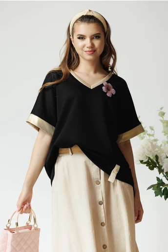 Bluza casual din viscoza neagra cu auriu si floare cu strasuri
