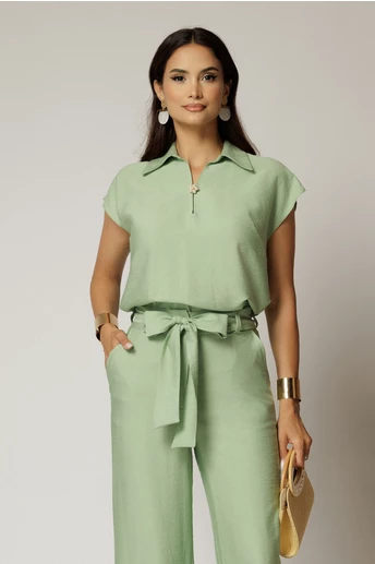 Bluza casual verde fistic din rayon cu croi lejer si decolteu