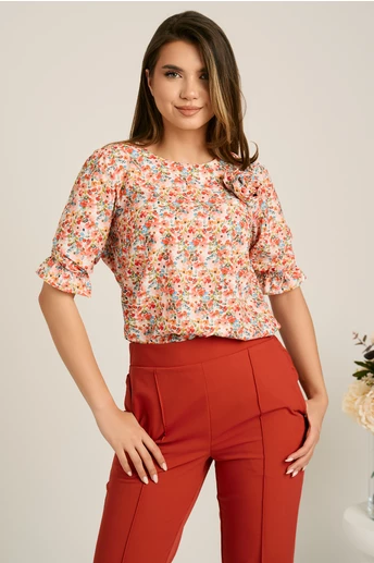 Bluza corai din viscoza lejea cu floricele colorate si trandafir aplicat
