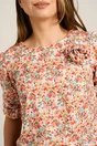 Bluza corai din viscoza lejea cu floricele colorate si trandafir aplicat, 2, dyfashion.ro