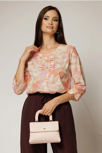 Bluza cu imprimeuri galbene si orange cu funde la decolteu si nasturi decorativi