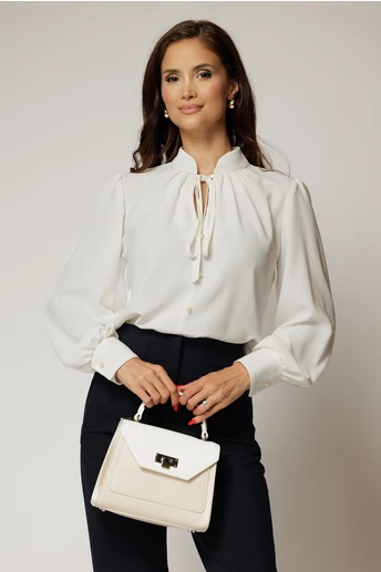 Bluza dama alba cu maneci lungi si snur la decolteu