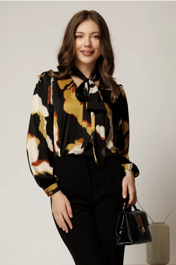 Bluza dama din satin in nuante de negru si maro cu funda la guler