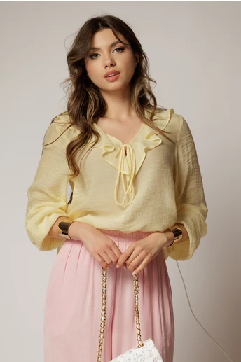 Bluza dama galbena din bumbac si volanase cu snur la bust
