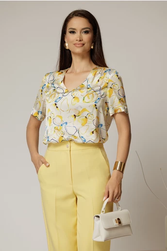 Bluza dama ivoar cu imprimeu galben si maneci scurte