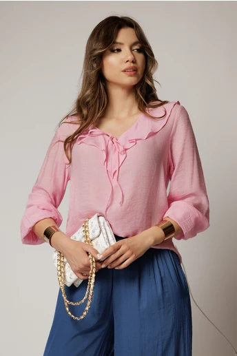 Bluza dama roz din bumbac si volanase cu snur la bust
